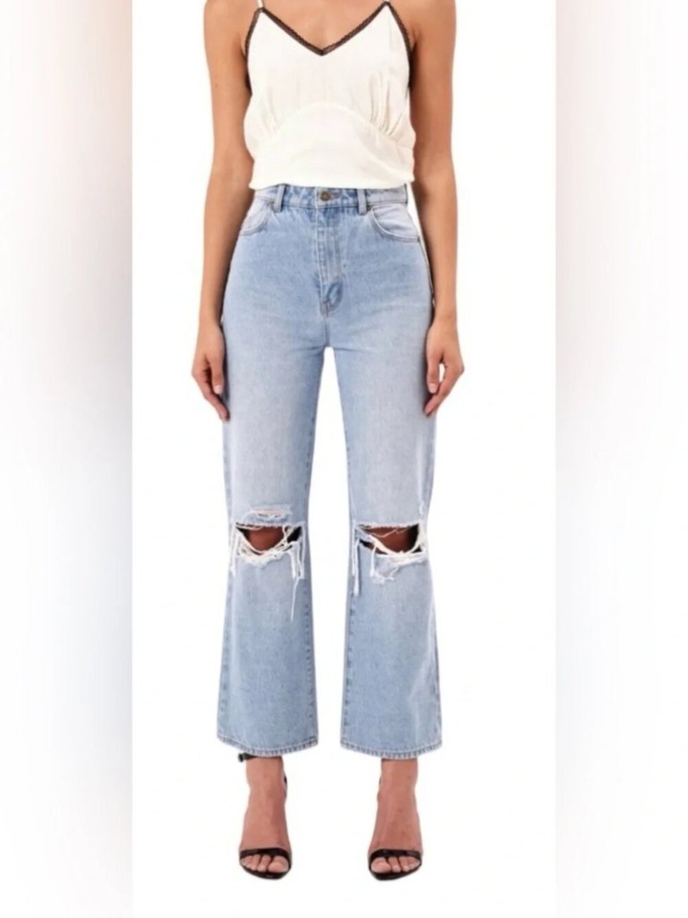 Rollas Jeans High Rise Straight Distressed Denim Pants 100% Cotton Blue NWT 29